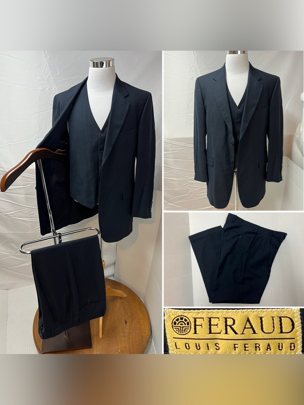 Louis Feraud Vintage Men's 42L Blazer 36x33 Pants Black Wool 3-Piece Suit